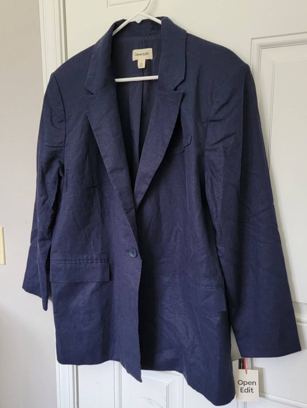 NWT Open Edit Oversized Women's Large Navy Linen Blend One Button Blazer Jacket - Picture 4 of 9